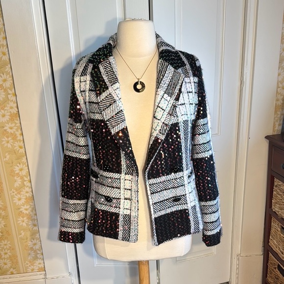 Gorgeous NWT Eva Franco Women's Black and White Sequined Tweed Jacket Lined - Picture 6 of 15